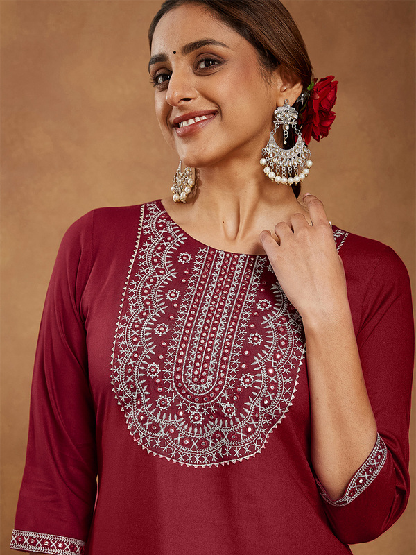 Women's Maroon Rayon Embroidered Straight Kurta