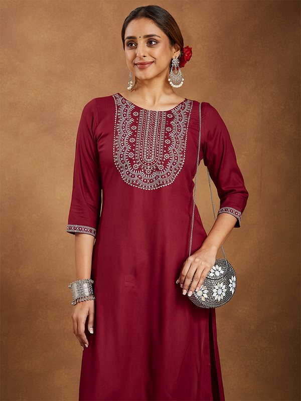 Women's Maroon Rayon Embroidered Straight Kurta