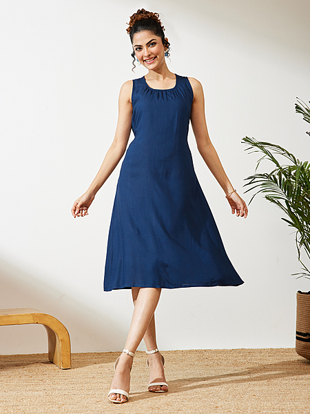 Women's Navy Blue Rayon Solid A-line Dress