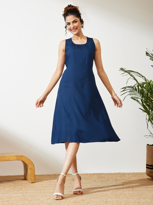 Women's Navy Blue Rayon Solid A-line Dress