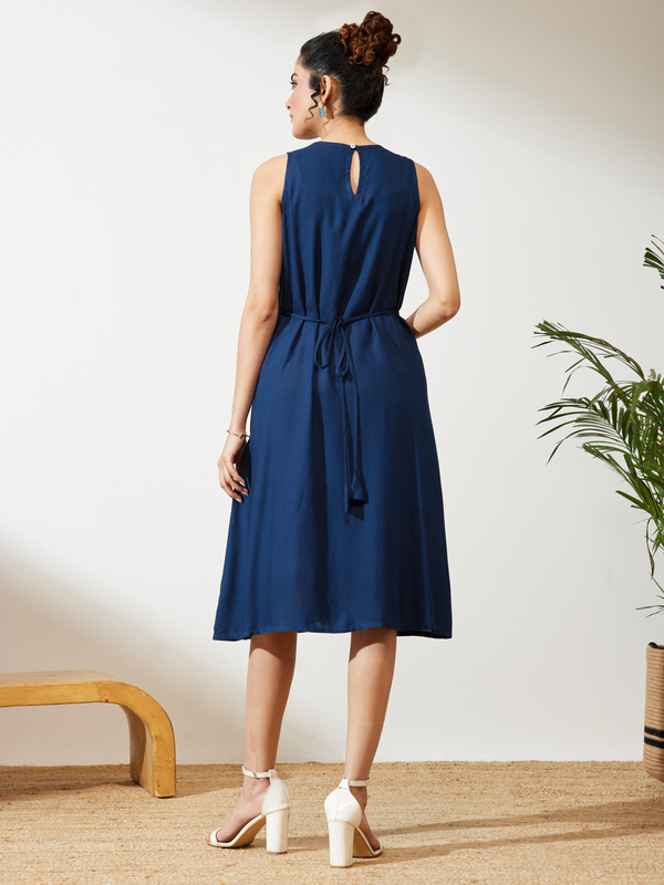 Women's Navy Blue Rayon Solid A-line Dress