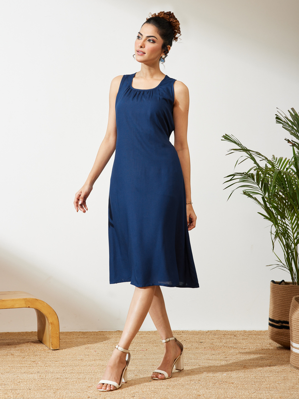 Women's Navy Blue Rayon Solid A-line Dress