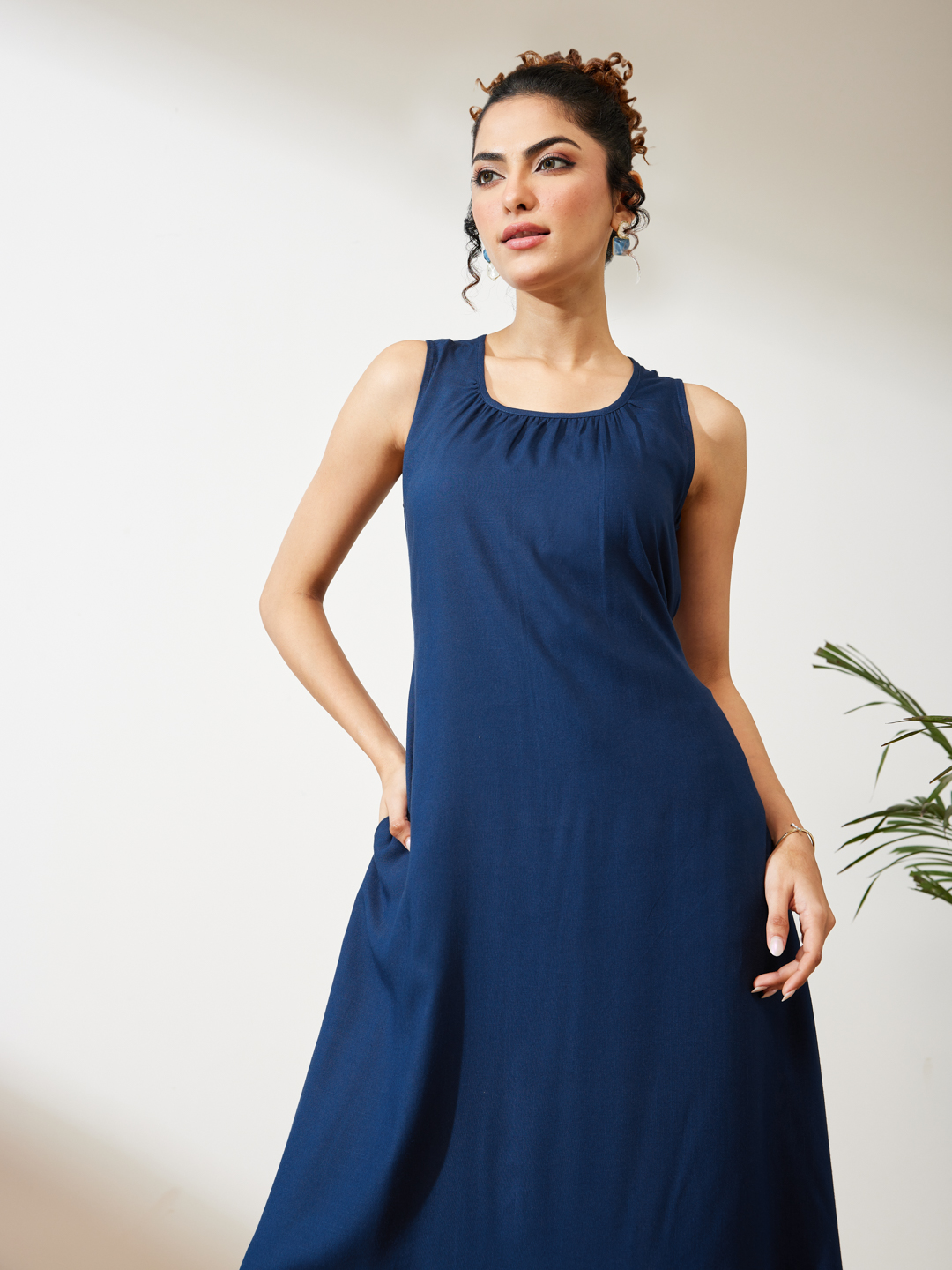Women's Navy Blue Rayon Solid A-line Dress