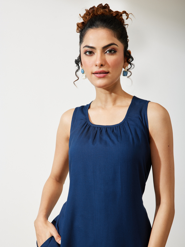 Women's Navy Blue Rayon Solid A-line Dress