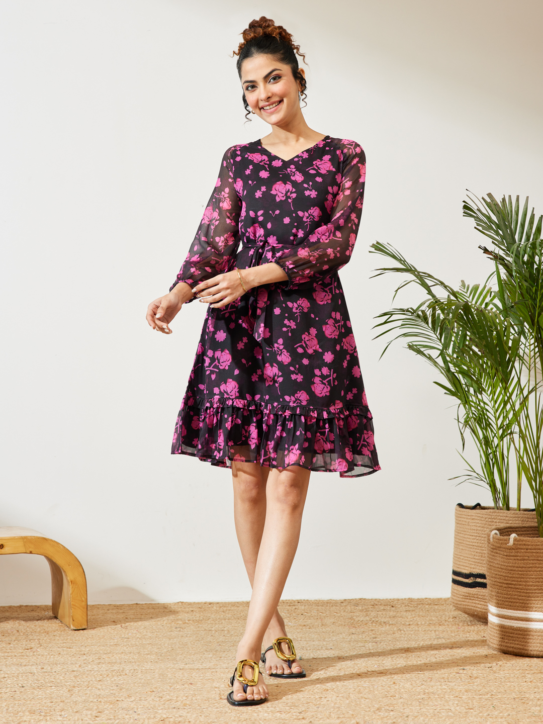 Women's Black Chiffon Floral Printed A-line Dress