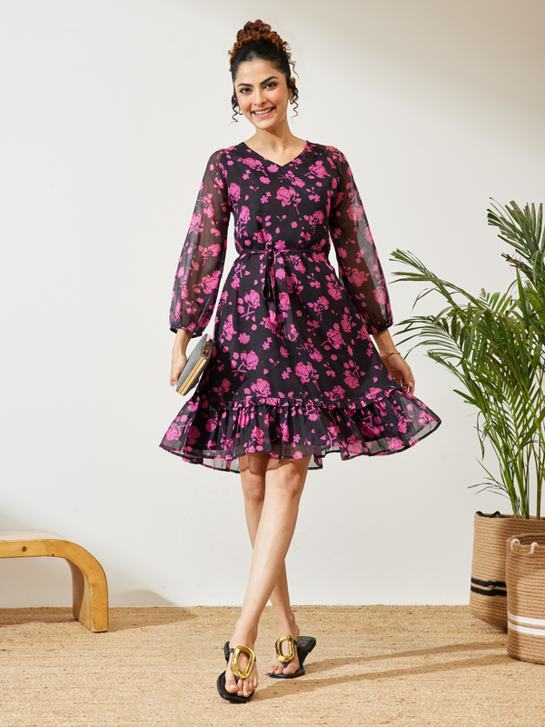 Women's Black Chiffon Floral Printed A-line Dress