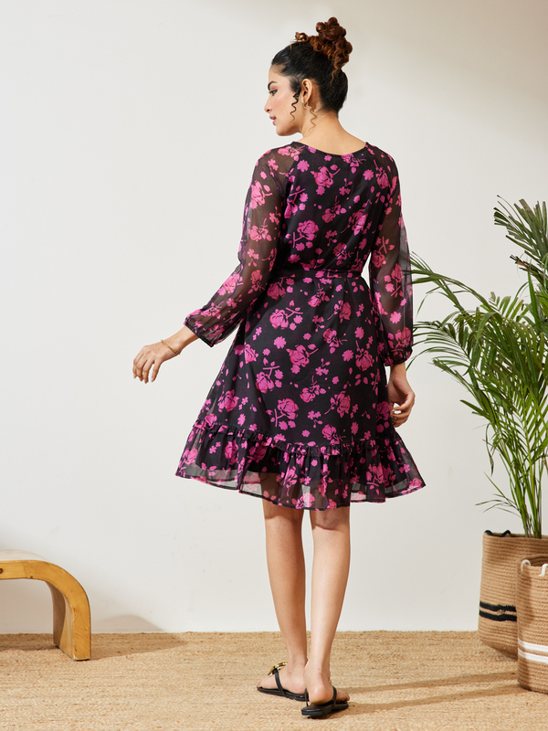 Women's Black Chiffon Floral Printed A-line Dress