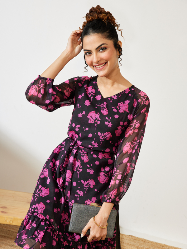 Women's Black Chiffon Floral Printed A-line Dress