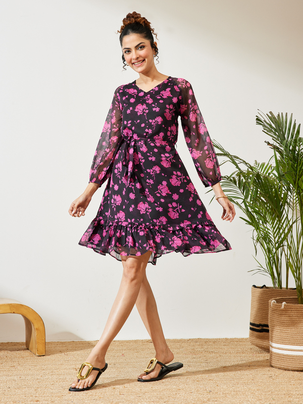 Women's Black Chiffon Floral Printed A-line Dress