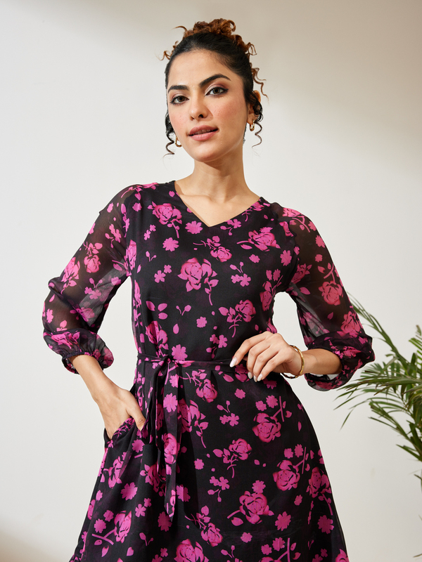 Women's Black Chiffon Floral Printed A-line Dress