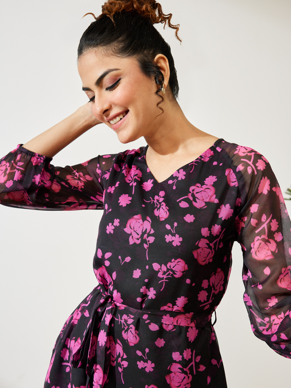 Women's Black Chiffon Floral Printed A-line Dress