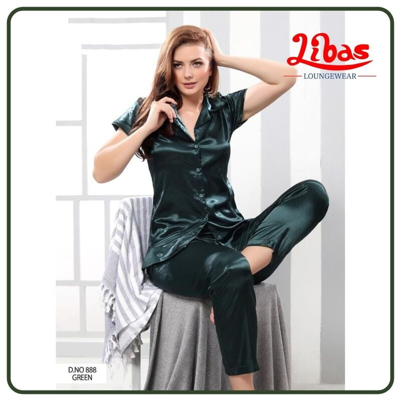 Plain Bottle Green Armani Satin Women Night Suit With Button Closure From Libas Loungewear - FPS096 Plain Bottle Green Armani Satin Women Night Suit With Button Closure From Libas Loungewear - FPS096