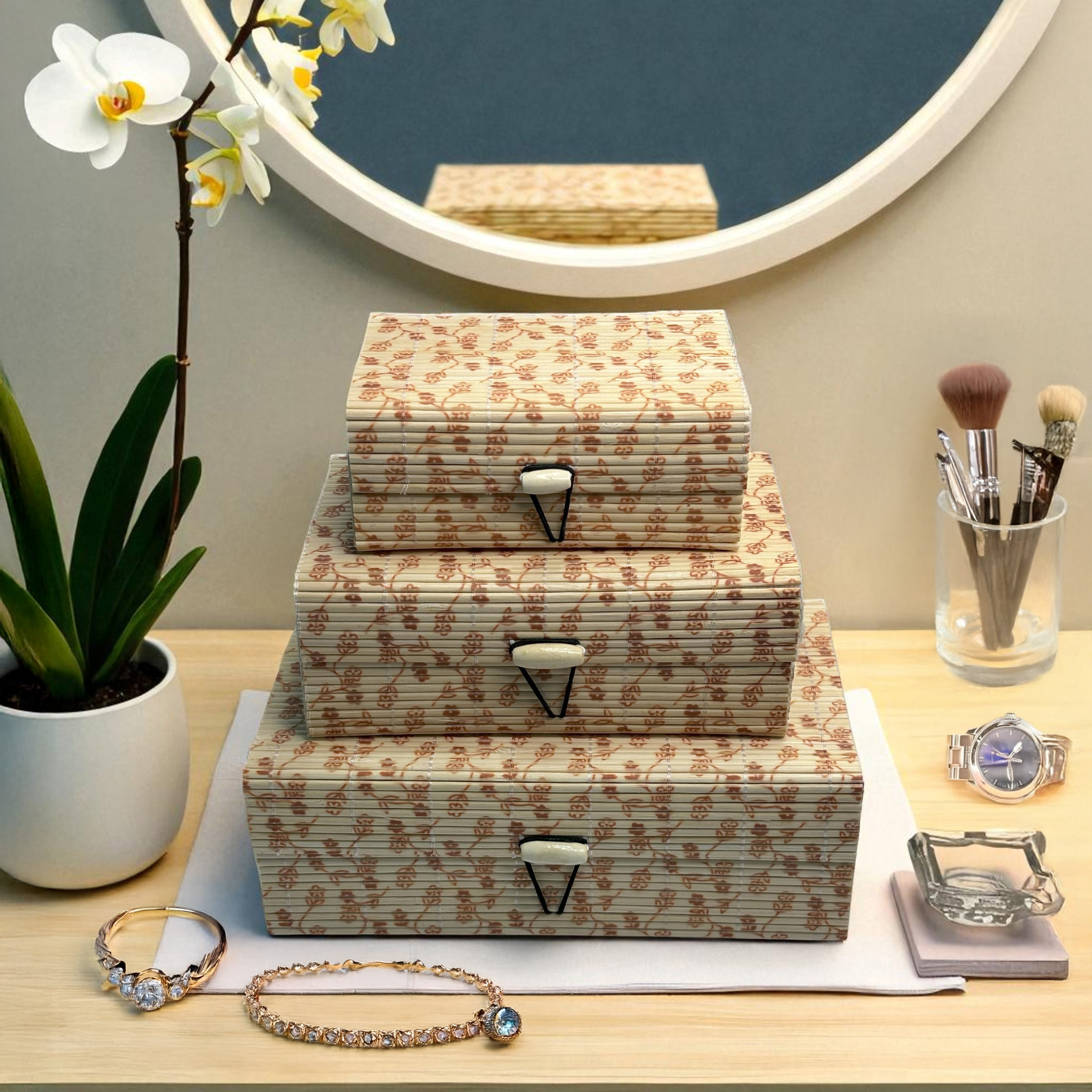 Decorative Storage Box Set, 3-Piece Floral Pattern, White Clasps