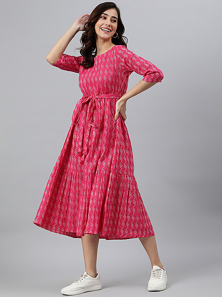 Womens Pink Cotton Woven Design Tiered Dress