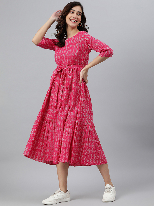 Womens Pink Cotton Woven Design Tiered Dress