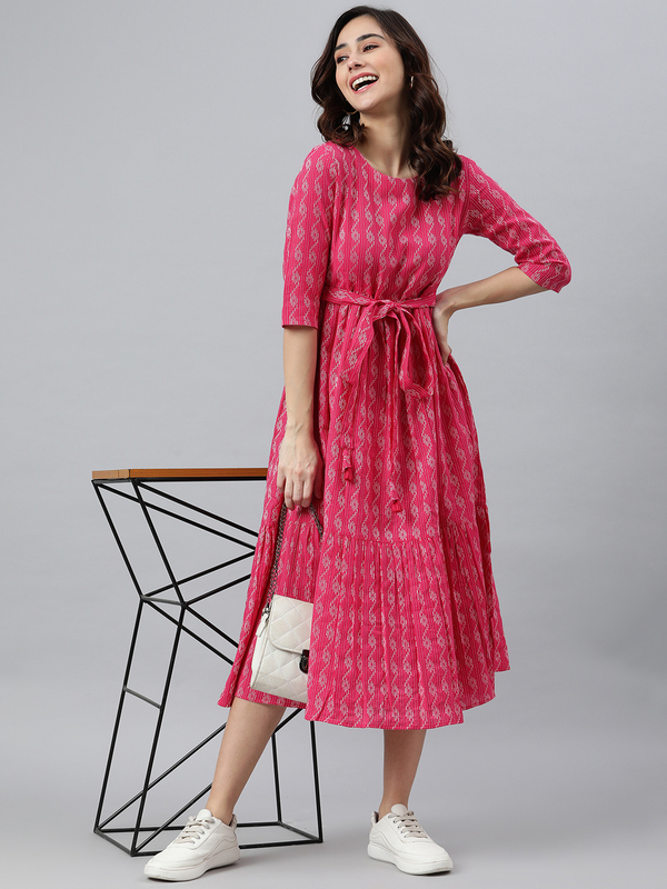 Womens Pink Cotton Woven Design Tiered Dress