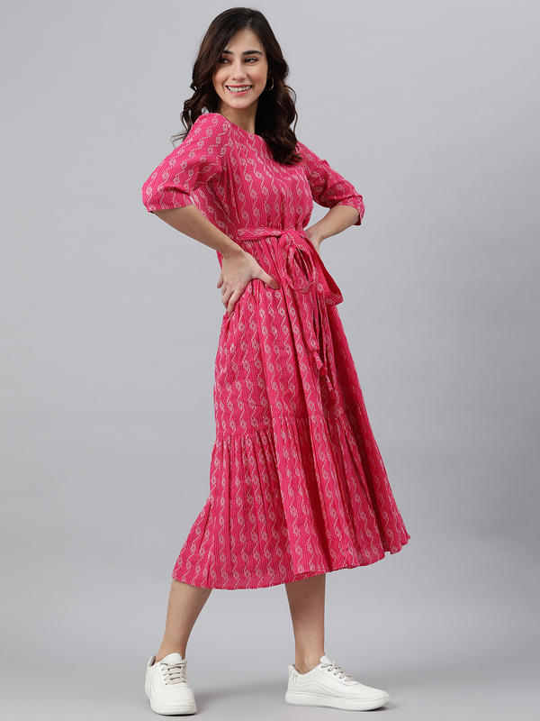 Womens Pink Cotton Woven Design Tiered Dress