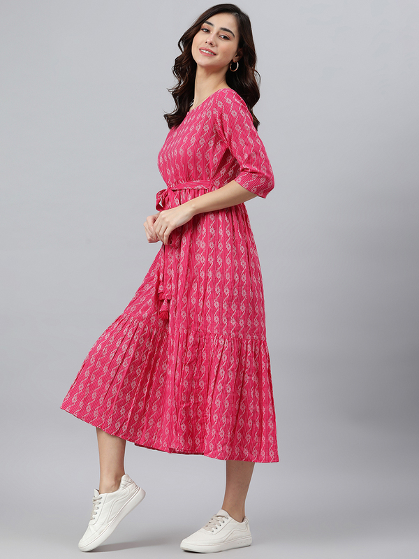Womens Pink Cotton Woven Design Tiered Dress