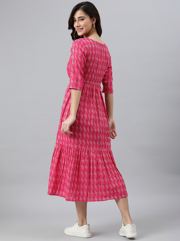 Womens Pink Cotton Woven Design Tiered Dress