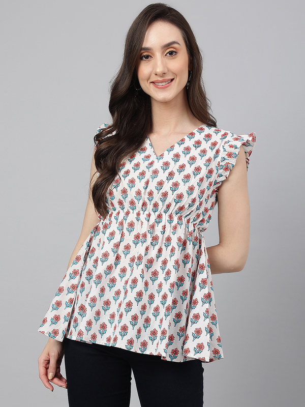 Women's White Cotton Floral Print Flared Top
