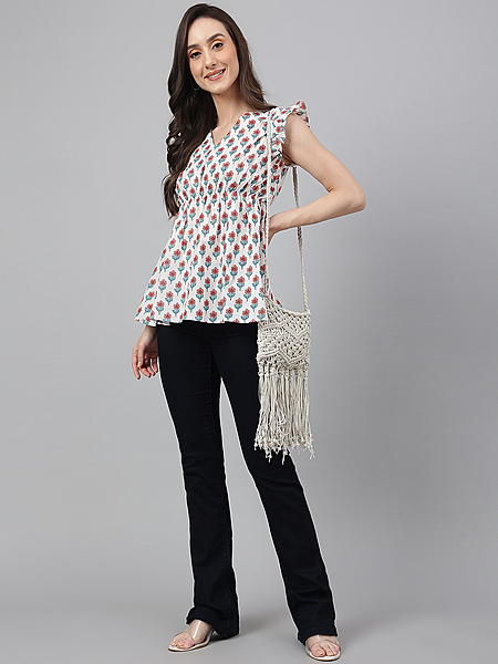 Women's White Cotton Floral Print Flared Top