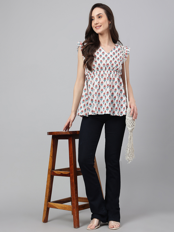 Women's White Cotton Floral Print Flared Top