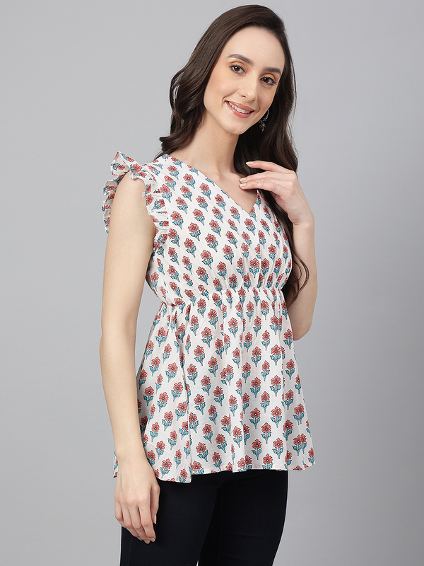 Women's White Cotton Floral Print Flared Top