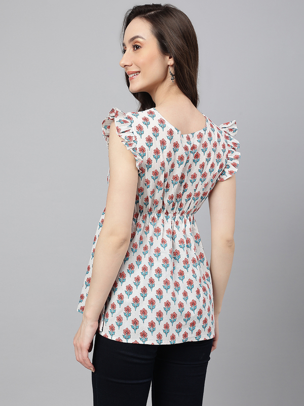 Women's White Cotton Floral Print Flared Top
