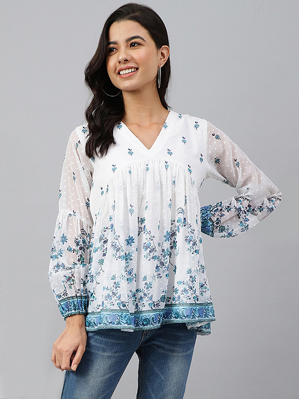 Women's White Georgette Digital Print Flared Top