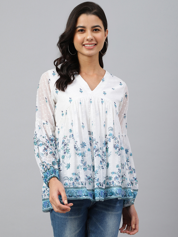 Women's White Georgette Digital Print Flared Top