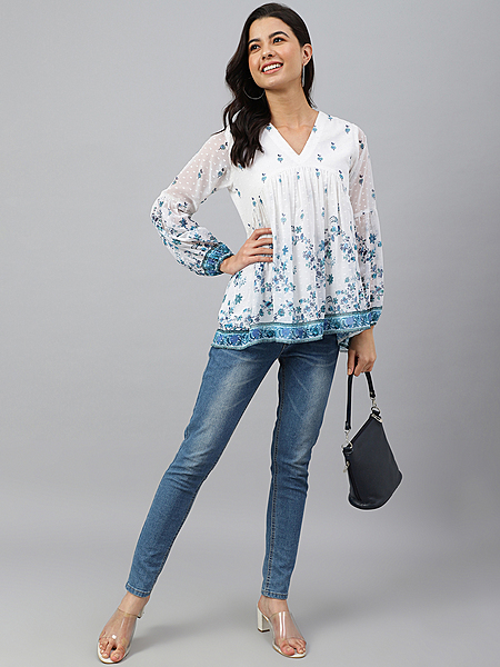Women's White Georgette Digital Print Flared Top