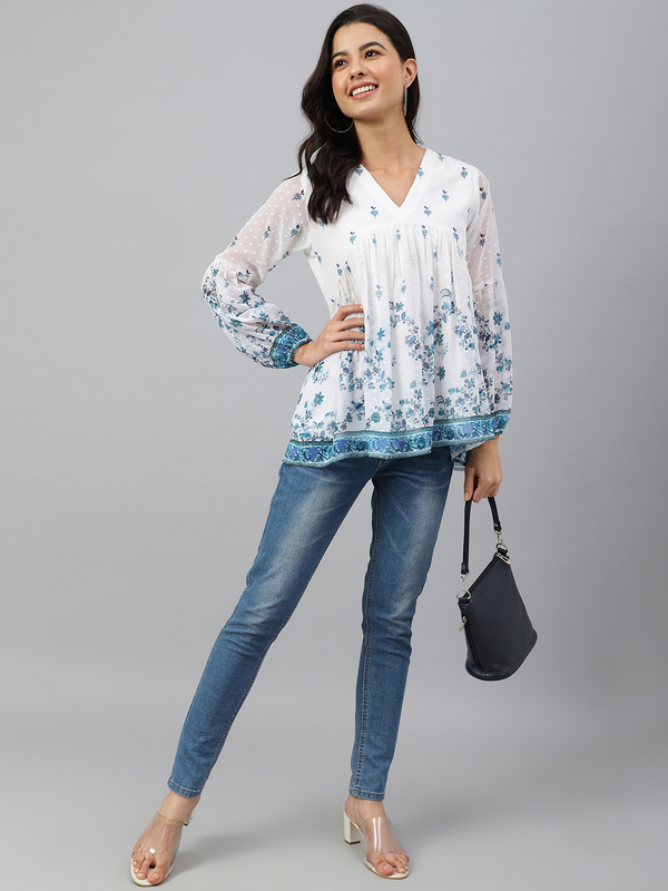 Women's White Georgette Digital Print Flared Top