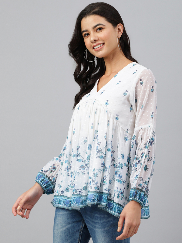 Women's White Georgette Digital Print Flared Top