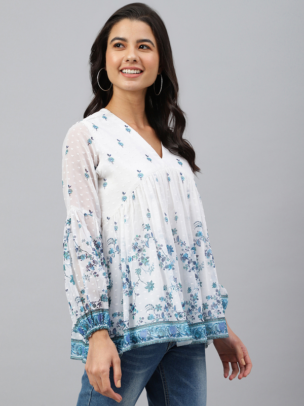 Women's White Georgette Digital Print Flared Top