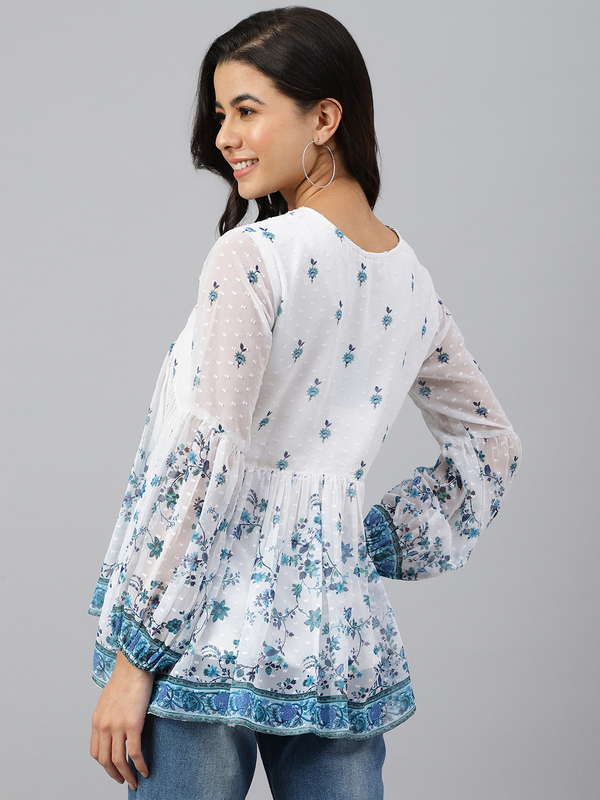 Women's White Georgette Digital Print Flared Top