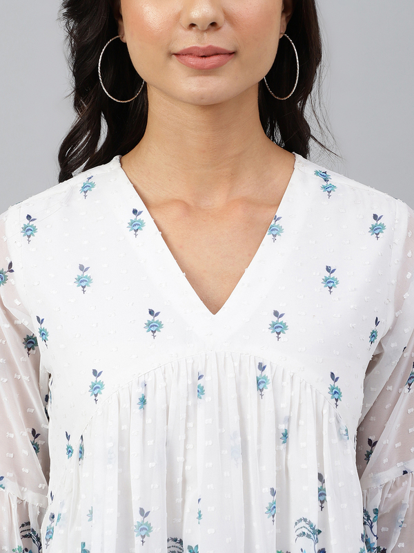 Women's White Georgette Digital Print Flared Top