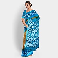 Linen Batik Print Saree-Mustard Yellow & Green with BP