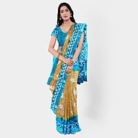 Linen Batik Print Saree-Mustard Yellow & Green with BP