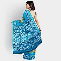 Linen Batik Print Saree-Mustard Yellow & Green with BP