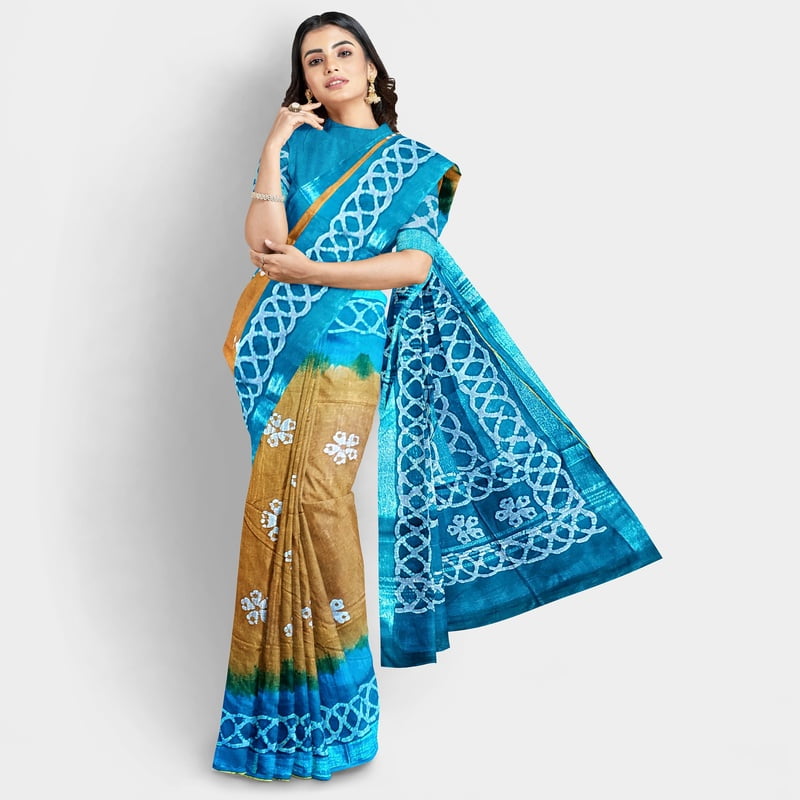 Linen Batik Print Saree-Mustard Yellow & Green with BP