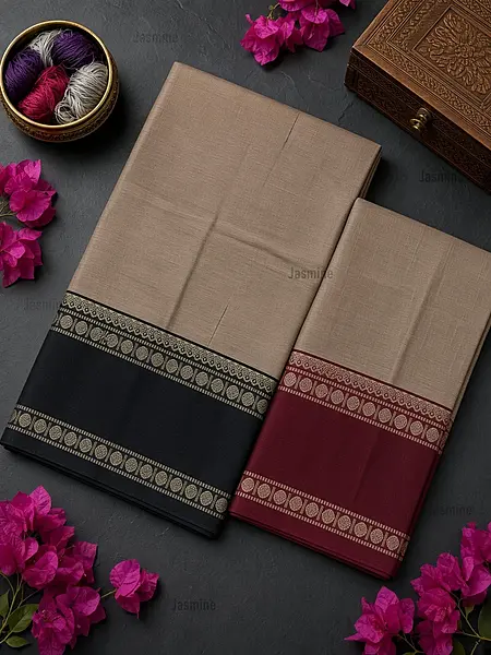 ash grey Narayanpet cotton saree with black and red Ganga Jamuna border