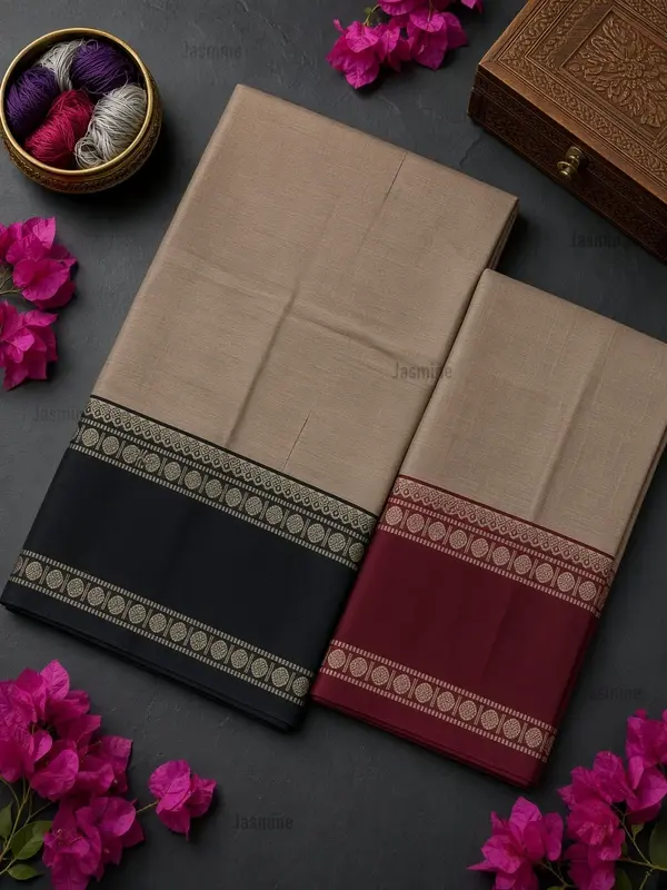 ash grey Narayanpet cotton saree with black and red Ganga Jamuna border