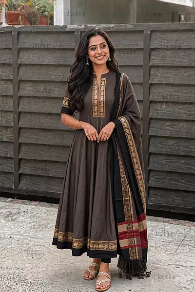 Ash grey Narayanpet salwar material with black elephant thread-woven border