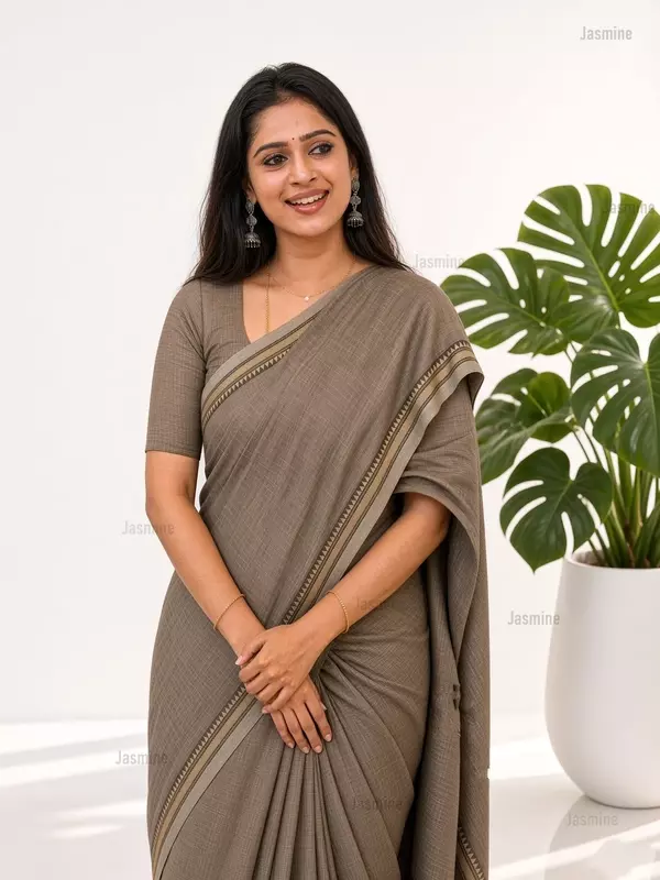 ash grey Narayanpet Cotton Saree with self border