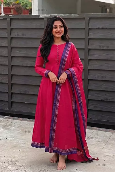 pink Narayanpet cotton dress material with purple contrast border