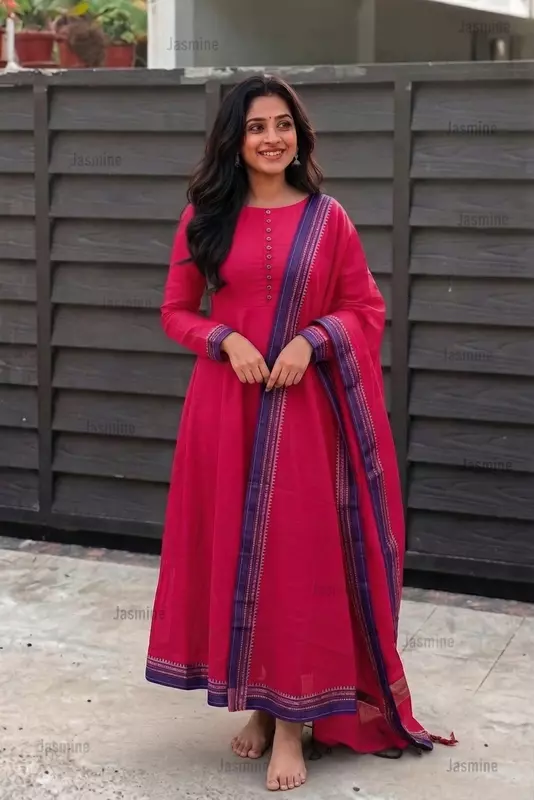 pink Narayanpet cotton dress material with purple contrast border