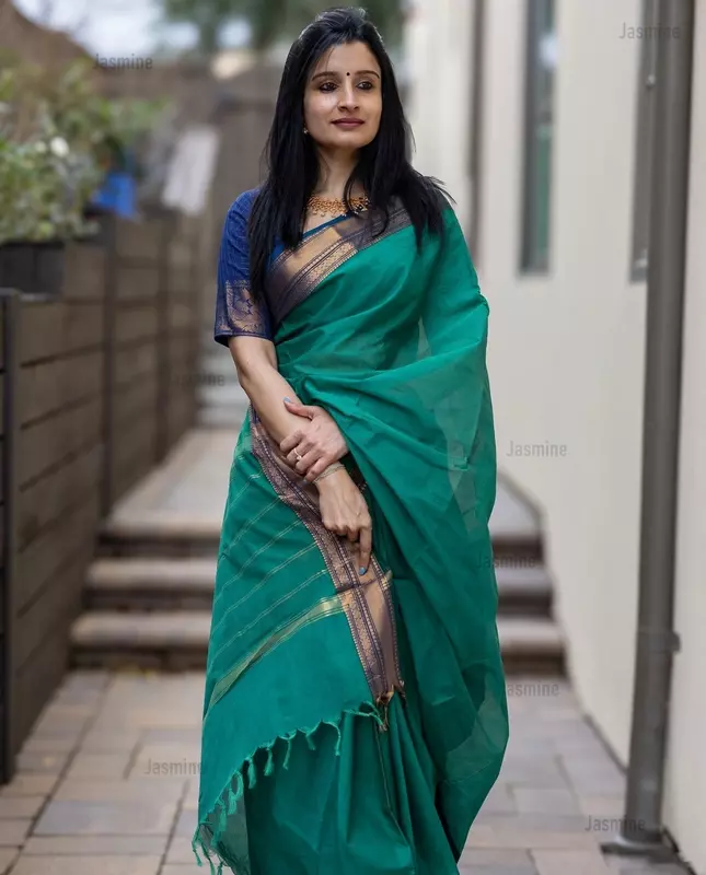 bright teal Narayanpet Cotton Saree with contrast purple zari border