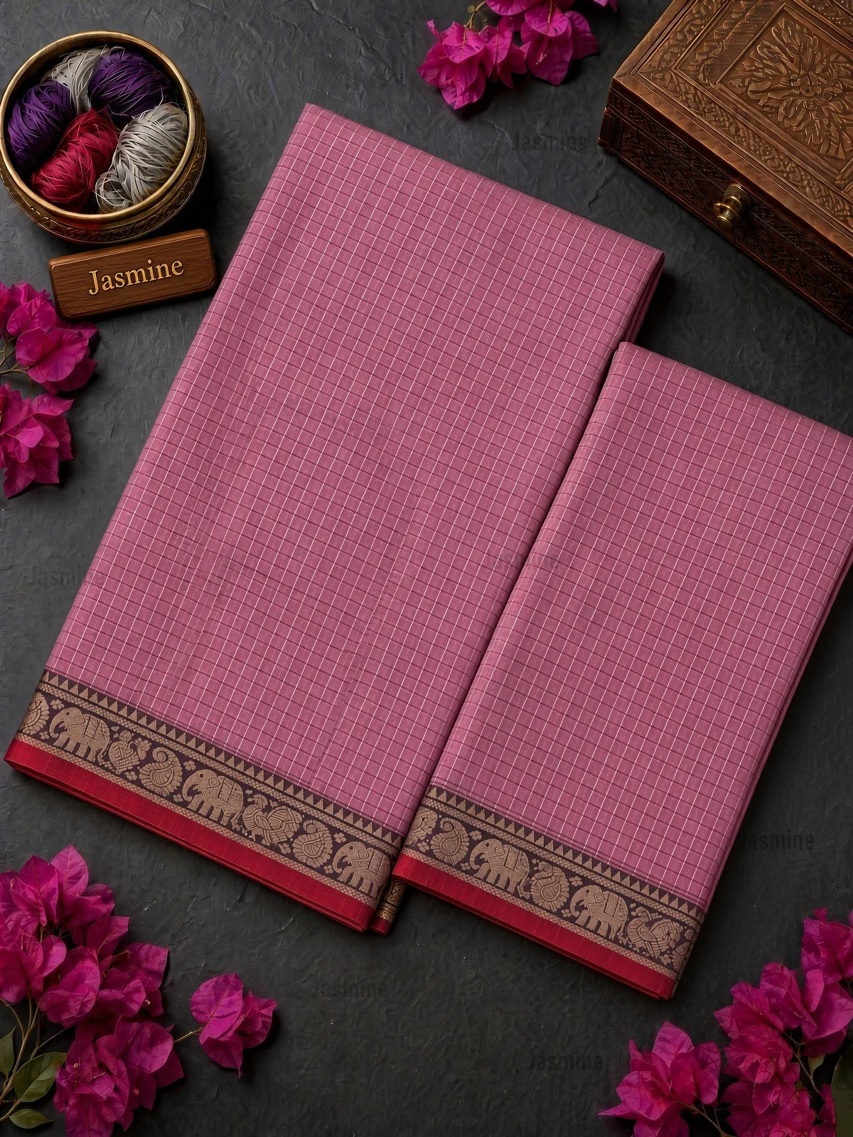baby pink checked Narayanpet cotton saree with red border