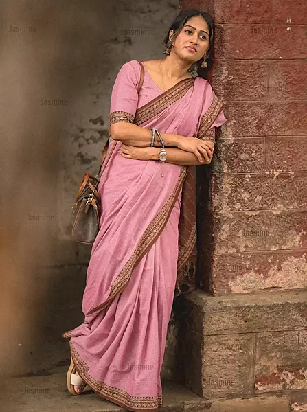 baby pink Narayanpet cotton saree with plain body and brown border