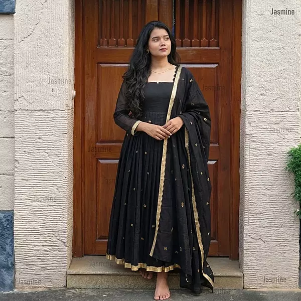 black Narayanpet Cotton Anarkali Suit Set with woven buttas